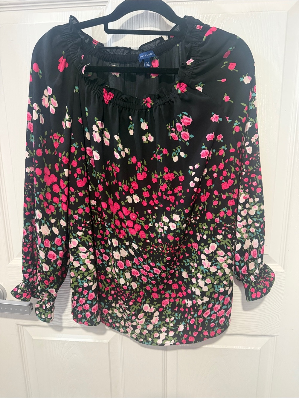 Talbots Black Floral Blouse with Pink and White Blooms